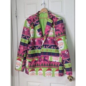 Holiday Ugly Christmas Blazer Sport Coat Jacket LARGE Santa Reindeer Pink Green